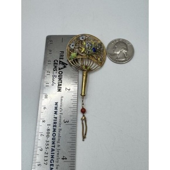 Vintage Sterling Silver Chinese Coral Enamel Filigree Dragon Pin Brooch - Picture 5 of 8
